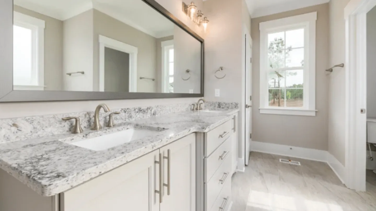 Granite double-sink bathroom vanity countertop installed by Precision Granite Works in a New Hampshire home