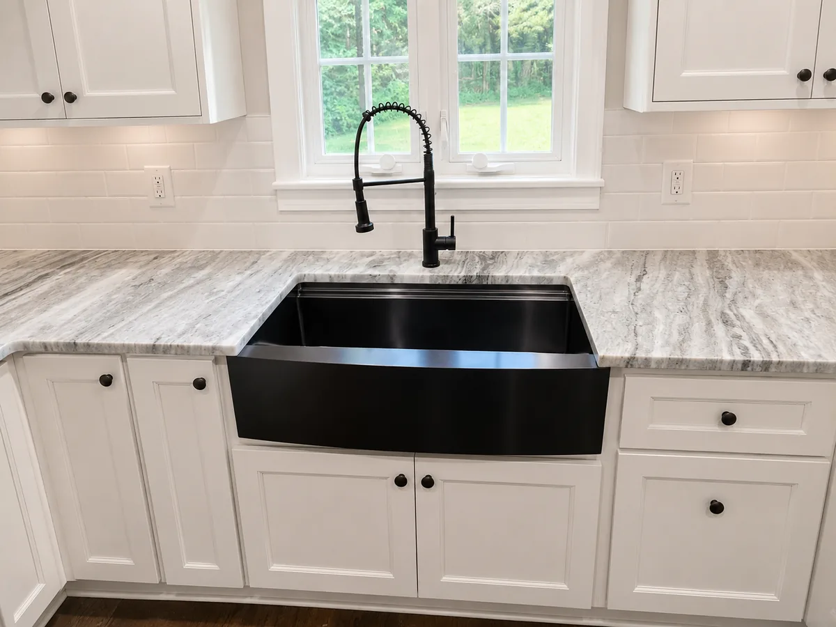 Black apron-front farmhouse sink installed beneath a granite kitchen countertop