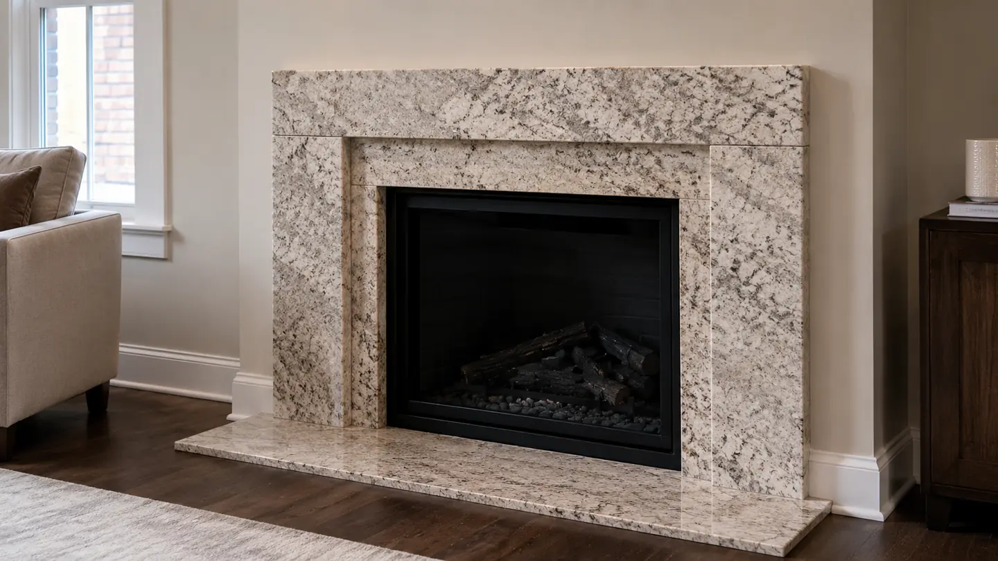 Granite fireplace surround and hearth in a New Hampshire living room.