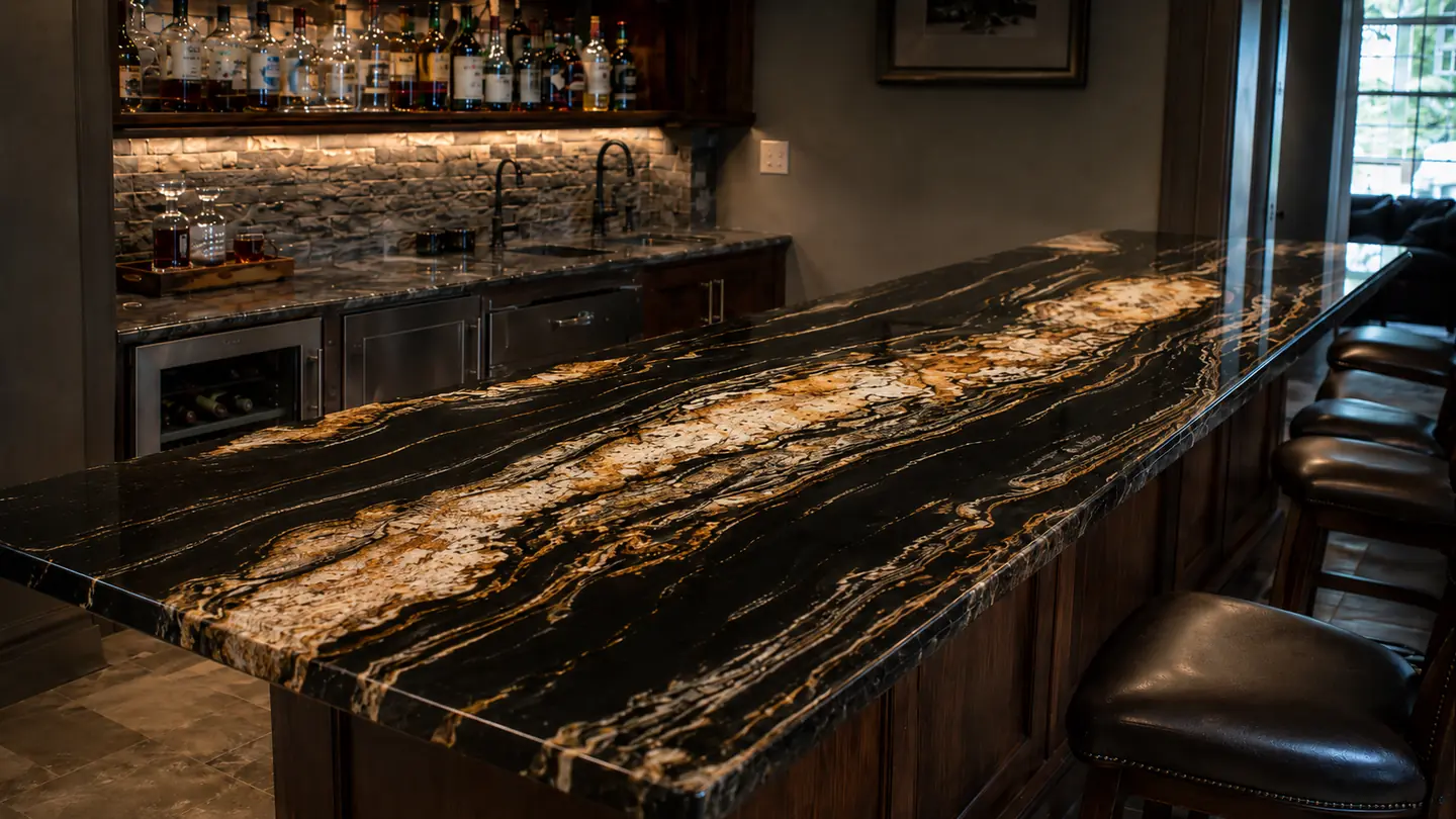 Dark granite home bar top in a New Hampshire home.