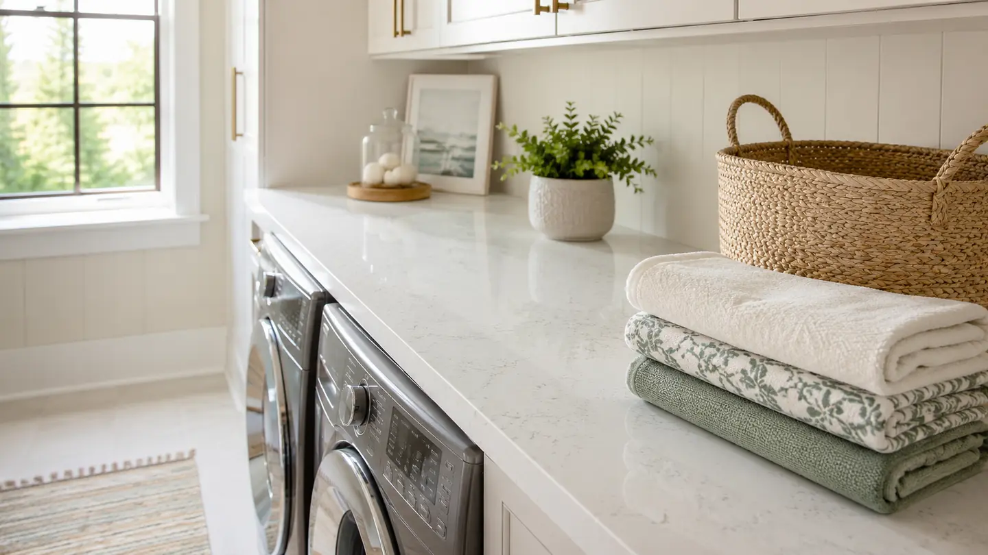 Bright laundry room with white quartz countertop spanning over washer and dryer in New Hampshire