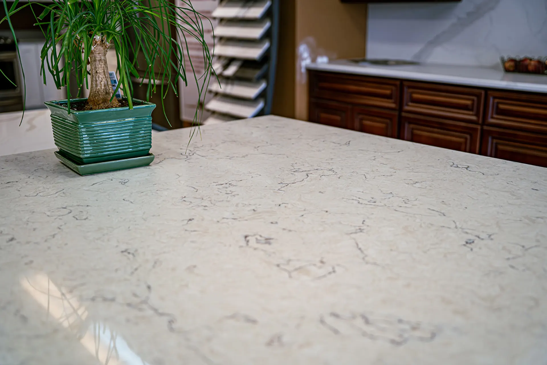 Premium quartz countertop display at Precision Granite Works showroom in Epsom, New Hampshire