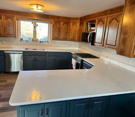 Quartz & Teal Cabinets