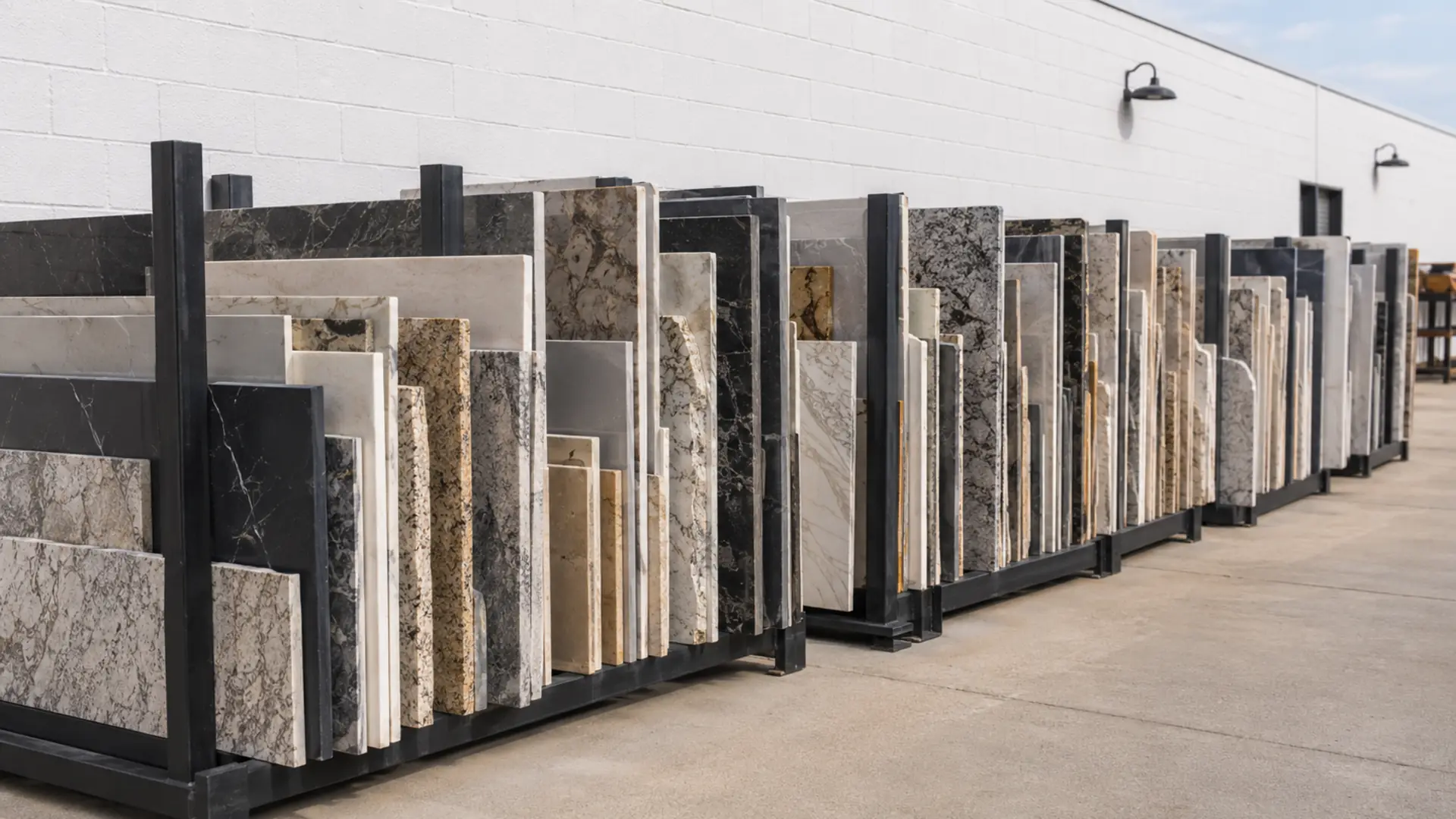 Rows of granite, marble, and quartzite remnant slabs stored in stone racks at Precision Granite Works fabrication shop — premium stone remnants available in New Hampshire