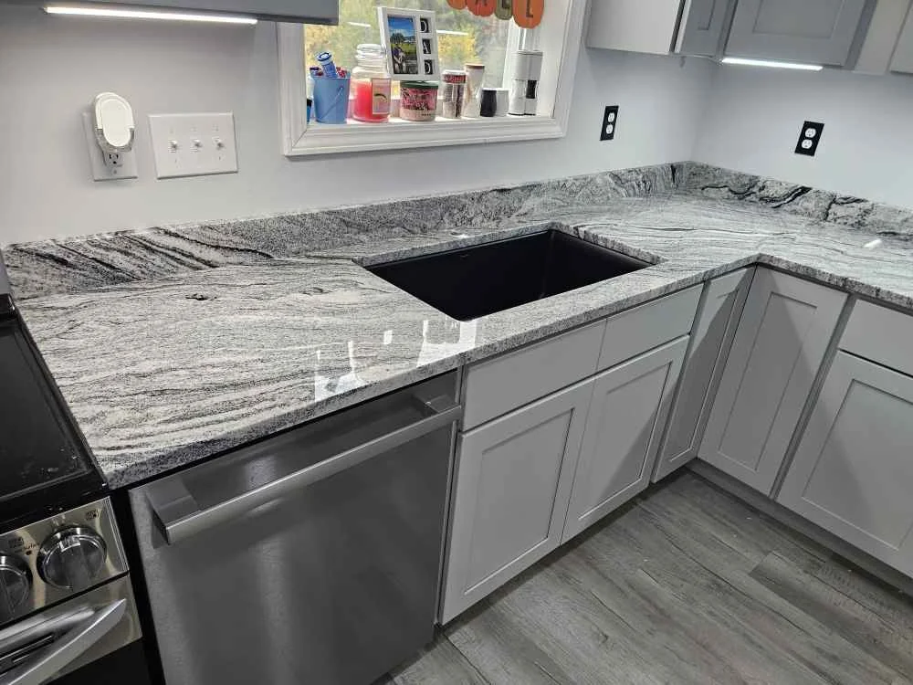 Silver Cloud granite kitchen countertops installed in Farmington, NH
