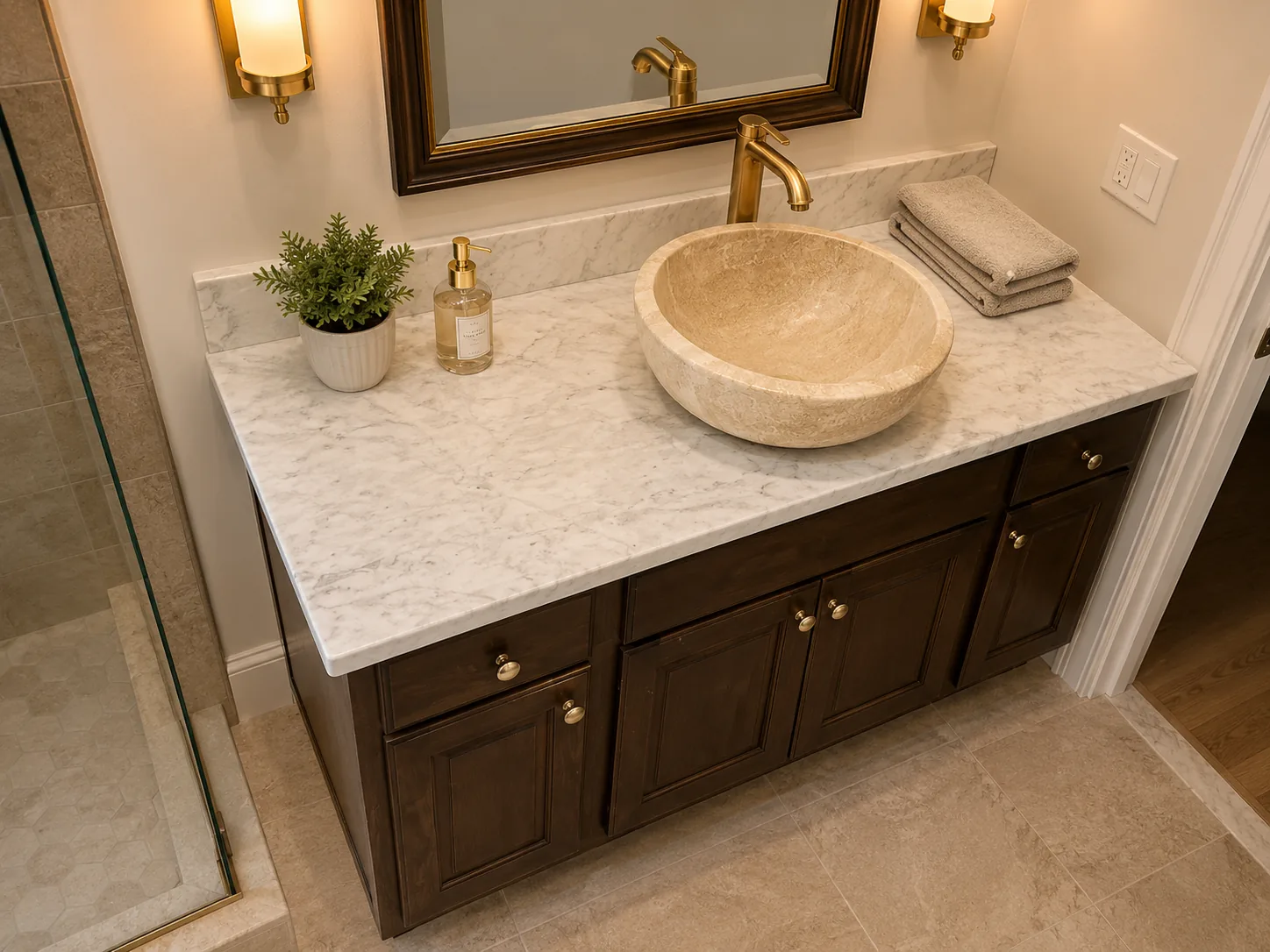 Warm ivory marble vanity countertop with vessel sink, custom fabricated by Precision Granite Works in New Hampshire